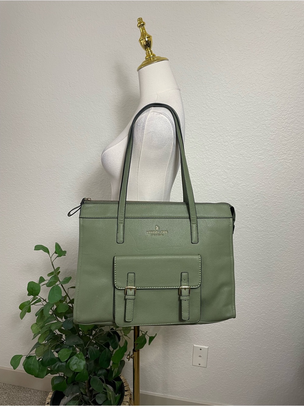 London Fog Sophia Pebble Tote Olive Green Shoulder Bag Gold Hardware